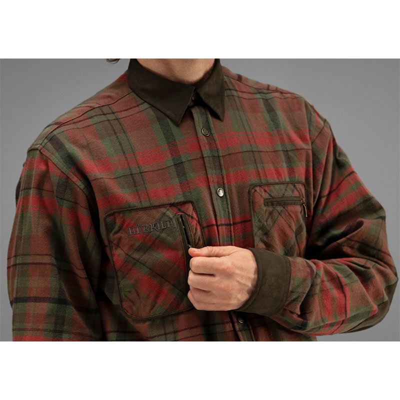 Men's Pajala Shirt - Red Autumn Check Flannel With Suede Reinforcements & Zipped Pockets